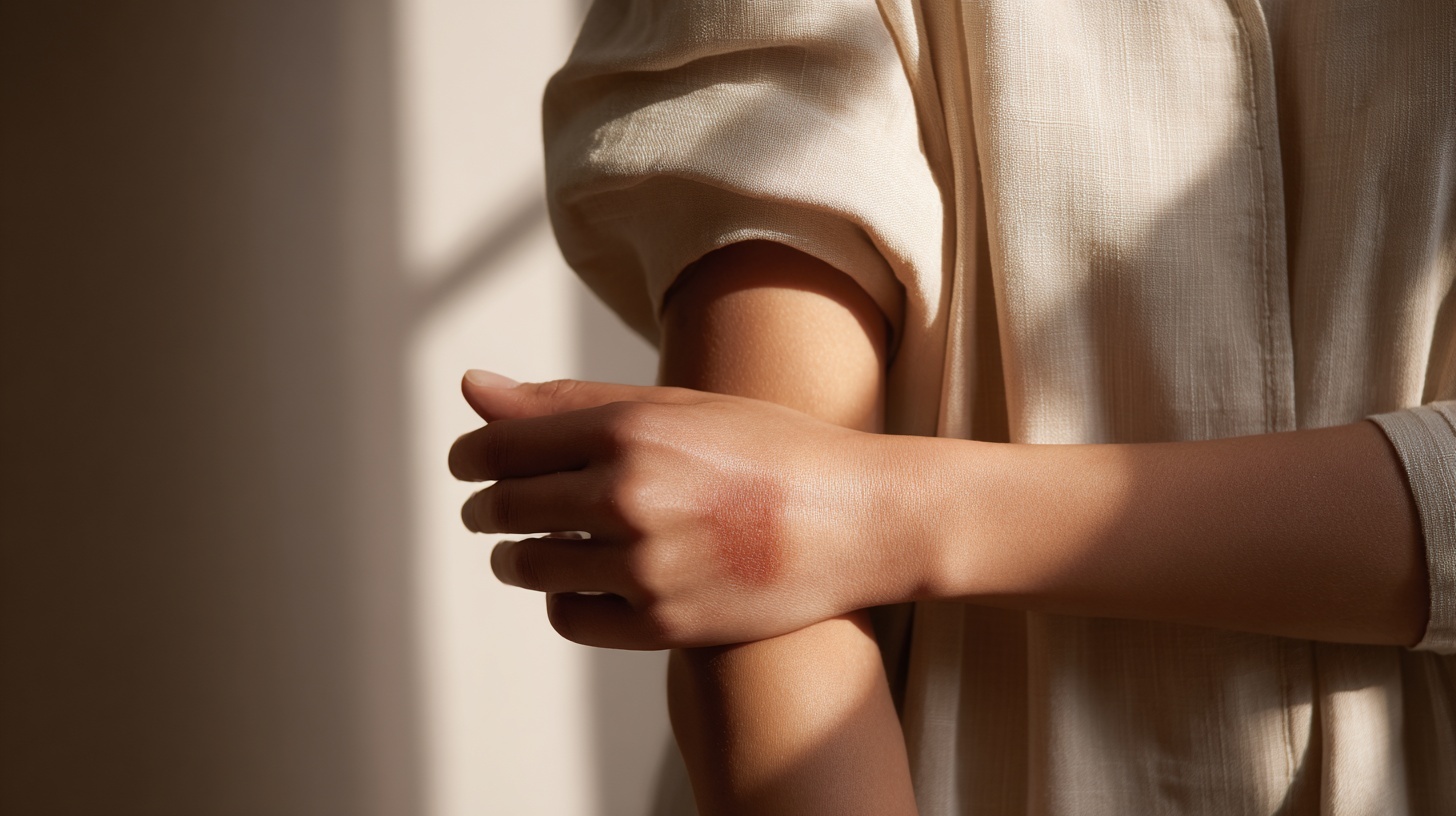 Hands examining a small bruise on forearm
