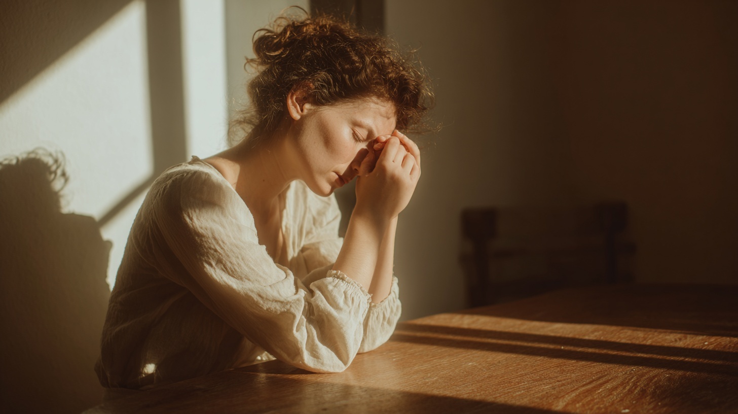 Fatigued woman by window in morning light
